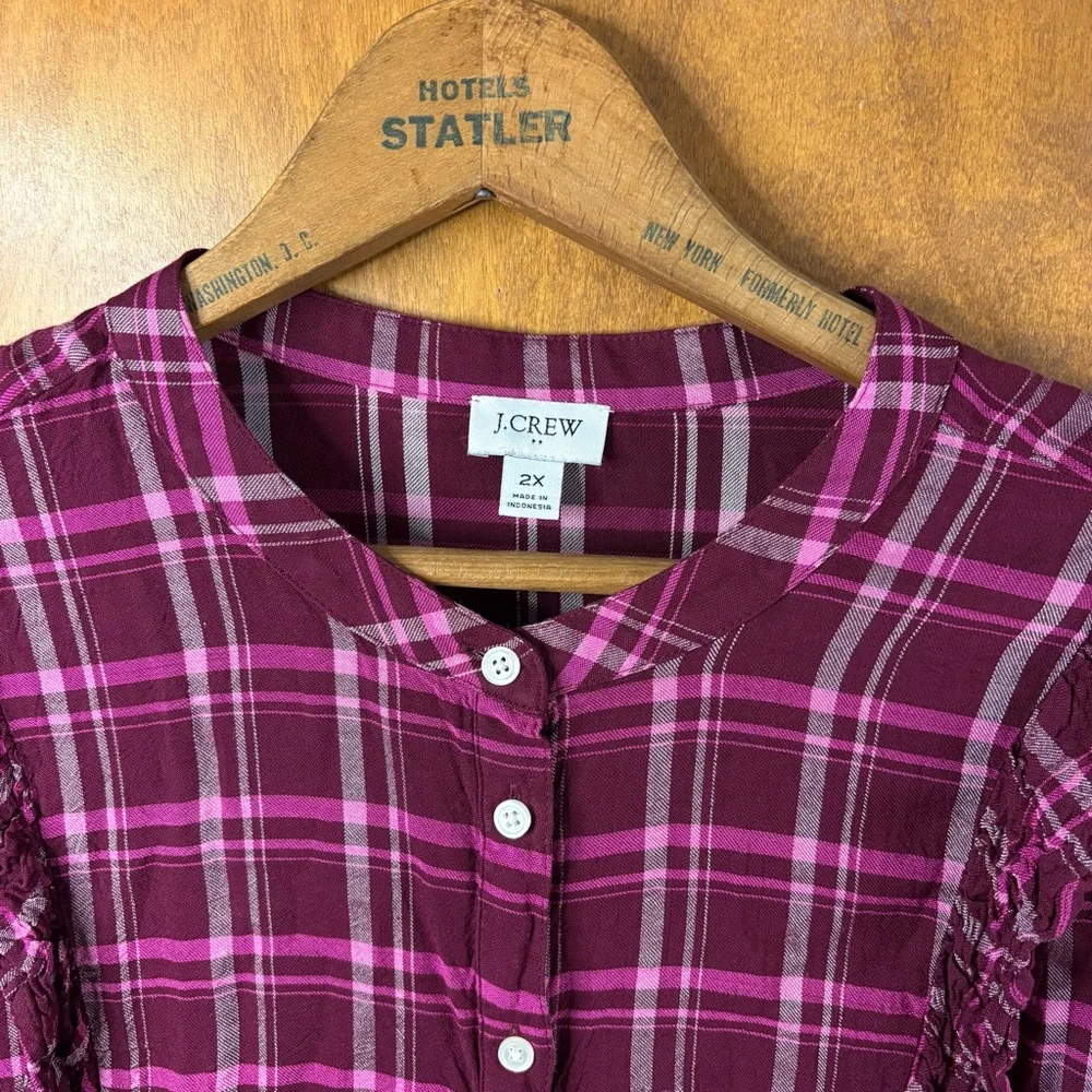 J. Crew Red Burgundy Plaid Ruffle Button Down Blouse Top 2X Office Preppy Boho